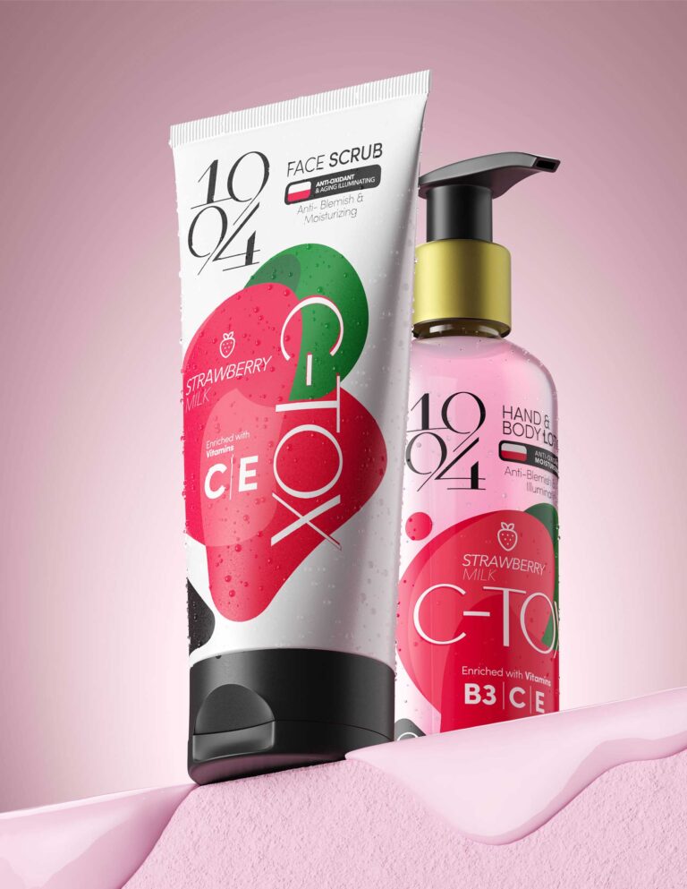 3D rendering of strawberry milk face scrub on a pink background – 1994 brand