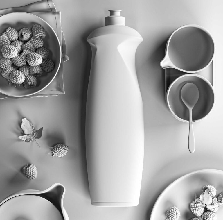 مدل خام سه‌بعدی مایع ظرفشویی نُویتکس Clay model of NOVITEX bottle in grayscale ambient