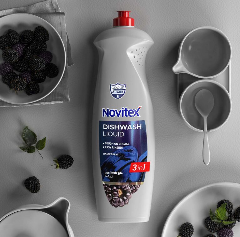 Stylized scene with NOVITEX dishwashing liquid and berries
تصویرسازی مایع ظرفشویی نُویتکس با تم تمشک