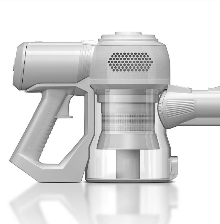White clay-style 3D model of VANTUZ cleaner for design reference مدل سفید بدون بافت از جاروبرقی وَنتوز جهت پیش‌نمایش طراحی