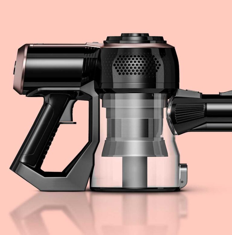 Final rendered product shot of VANTUZ vacuum against pink backdrop
رندر نهایی جاروبرقی وَنتوز با پس‌زمینه صورتی مینیمال