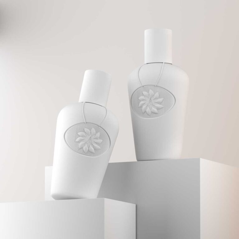 تصویر سفید مدل سه‌بعدی بطری‌های عطر برند آرتیبل قبل از متریال‌دهی
White model of ARTIBLE perfume bottles before applying materials