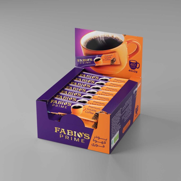 Professional rendering and visualization of FABIOS instant coffee packaging for commercial presentation
رندرینگ و فضاسازی بسته‌بندی‌های محصولات قهوه فوری برند فابیوس با طراحی تبلیغاتی