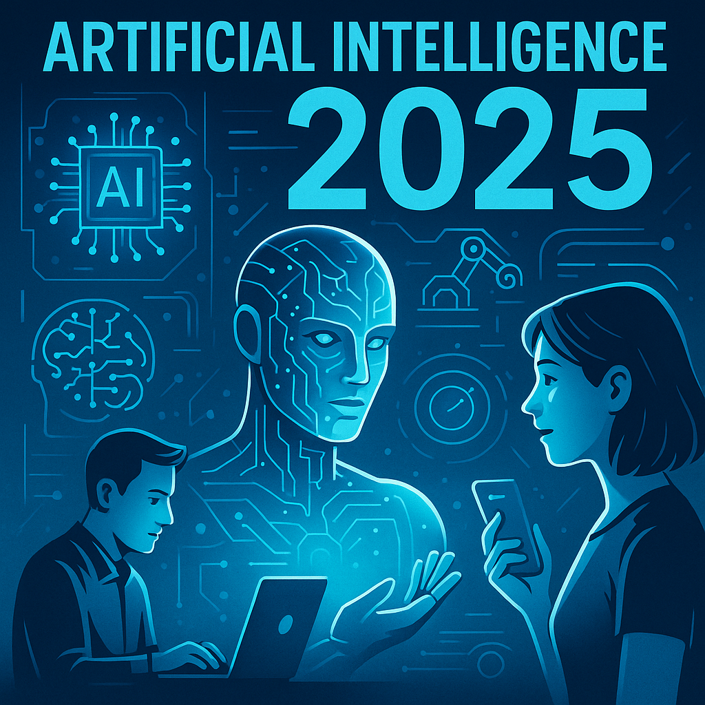 Illustration of artificial intelligence interacting with humans and emerging technologies in 2025 تصویری از هوش مصنوعی در حال تعامل با انسانها و فناوریهای نوین در سال ۲۰۲۵