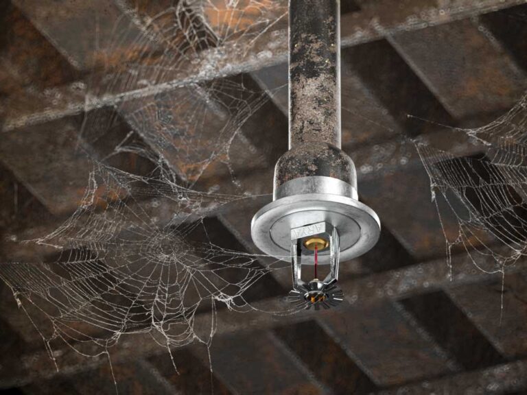 3D rendering of ARYA fire sprinkler in a dusty industrial ceiling with spider webs رندرینگ سه‌بعدی شیر آتش‌نشانی برند آریا در سقف صنعتی گردوغبار گرفته با تار عنکبوت