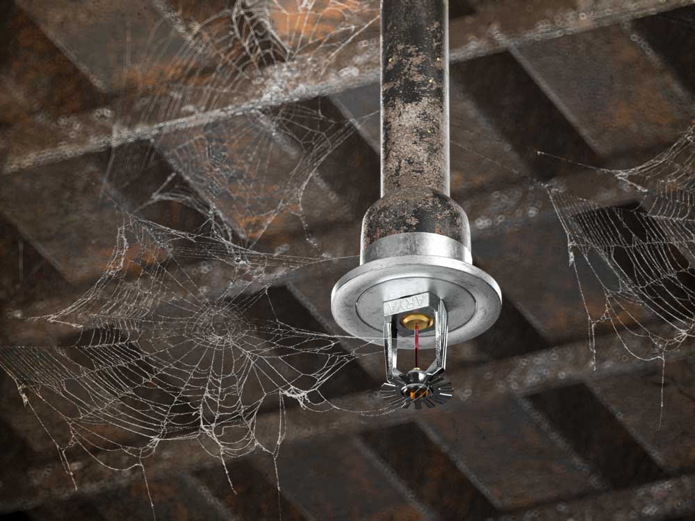 3D rendering of ARYA fire sprinkler in a dusty industrial ceiling with spider webs رندرینگ سه‌بعدی شیر آتش‌نشانی برند آریا در سقف صنعتی گردوغبار گرفته با تار عنکبوت