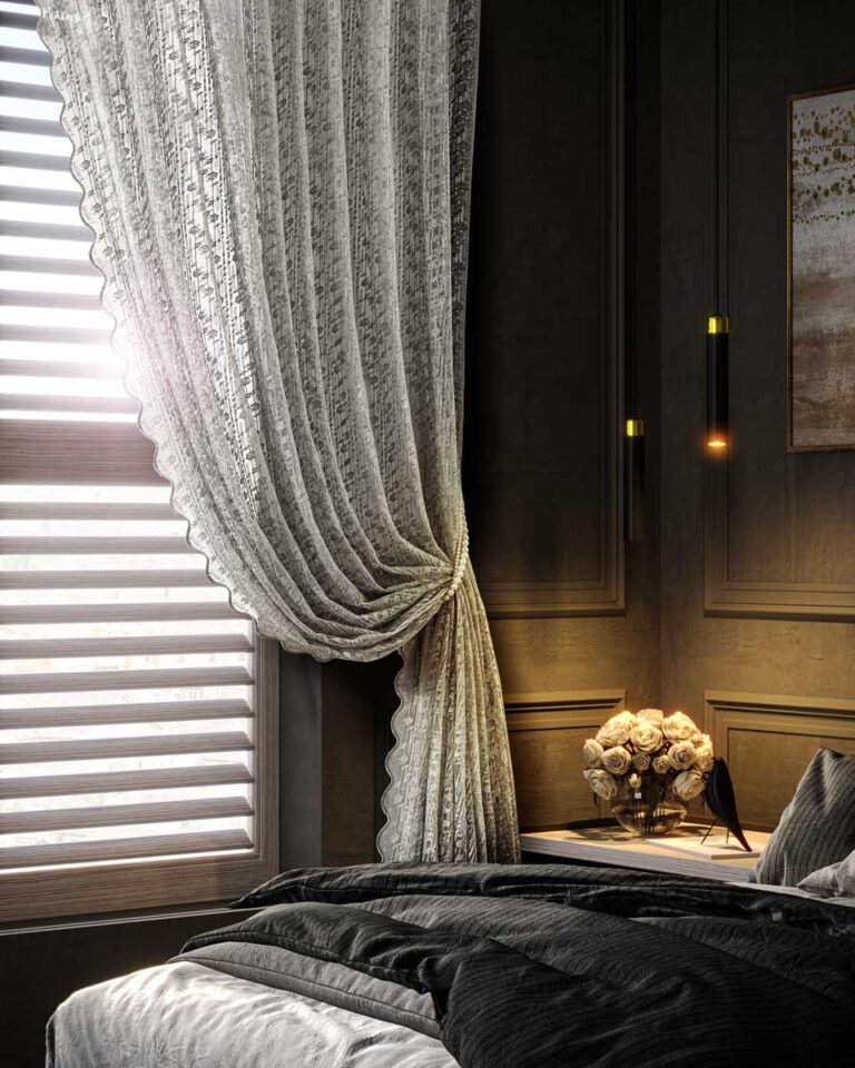 Photorealistic 3D interior featuring FENDI curtains integrated using advanced photomontage techniques رندر واقعی فضای داخلی با پرده‌های برند فندی و ترکیب فتومونتاژ دقیق