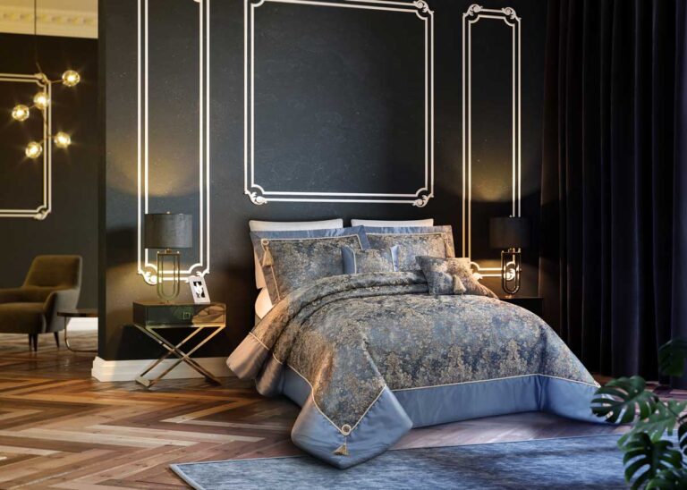 Photorealistic 3D bedroom featuring Sevil Mason bedding composited with precise photomontage رندر داخلی واقع‌گرایانه از روتختی سیویل ماسون با ترکیب فتومونتاژ سه‌بعدی