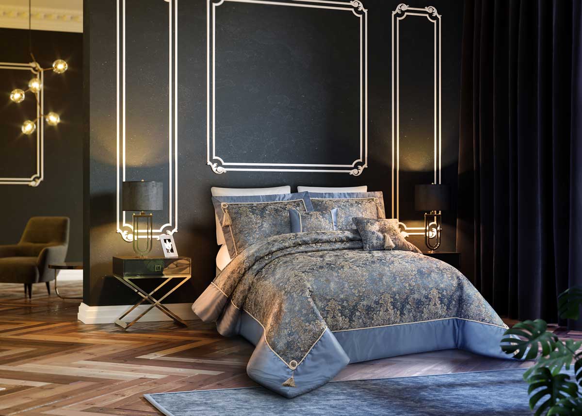 Photorealistic 3D bedroom featuring Sevil Mason bedding composited with precise photomontage رندر داخلی واقع‌گرایانه از روتختی سیویل ماسون با ترکیب فتومونتاژ سه‌بعدی