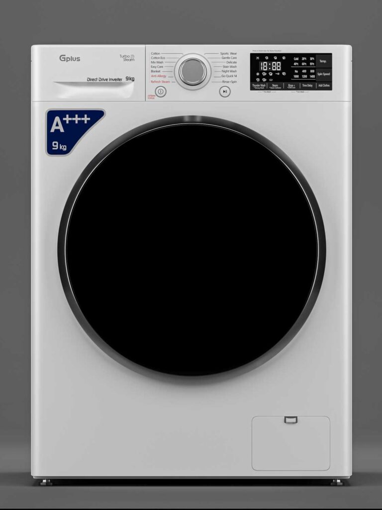 Photorealistic 3D rendering of GPLUS washing machine for product showcase رندر سه‌بعدی ماشین لباسشویی جی‌پلاس برای تبلیغات وب و چاپ